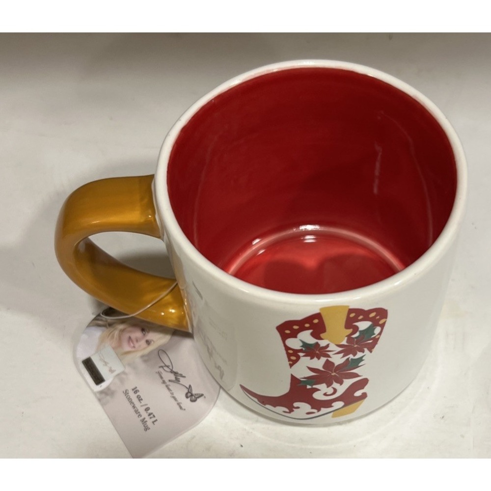 New Dolly Parton Stoneware Coffee Mug Cowgirl Boot Poinsettias Red Gold 16 Oz - Picture 5 of 7